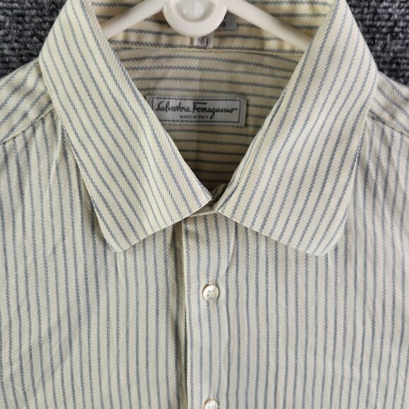 Salvatore Ferragamo R 16.5 Italy Made Ivory Blue Striped Long Sleeve Button Up - Picture 1 of 16